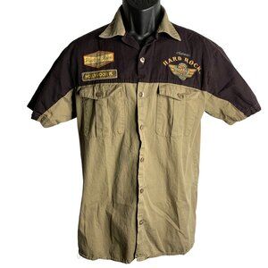 Hard Rock Guitar Button Up Shirt S Brown Embroidered Hollywood Florida Pockets